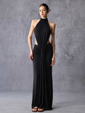 High Neck Side Cutout Draped Stretch Maxi Dress