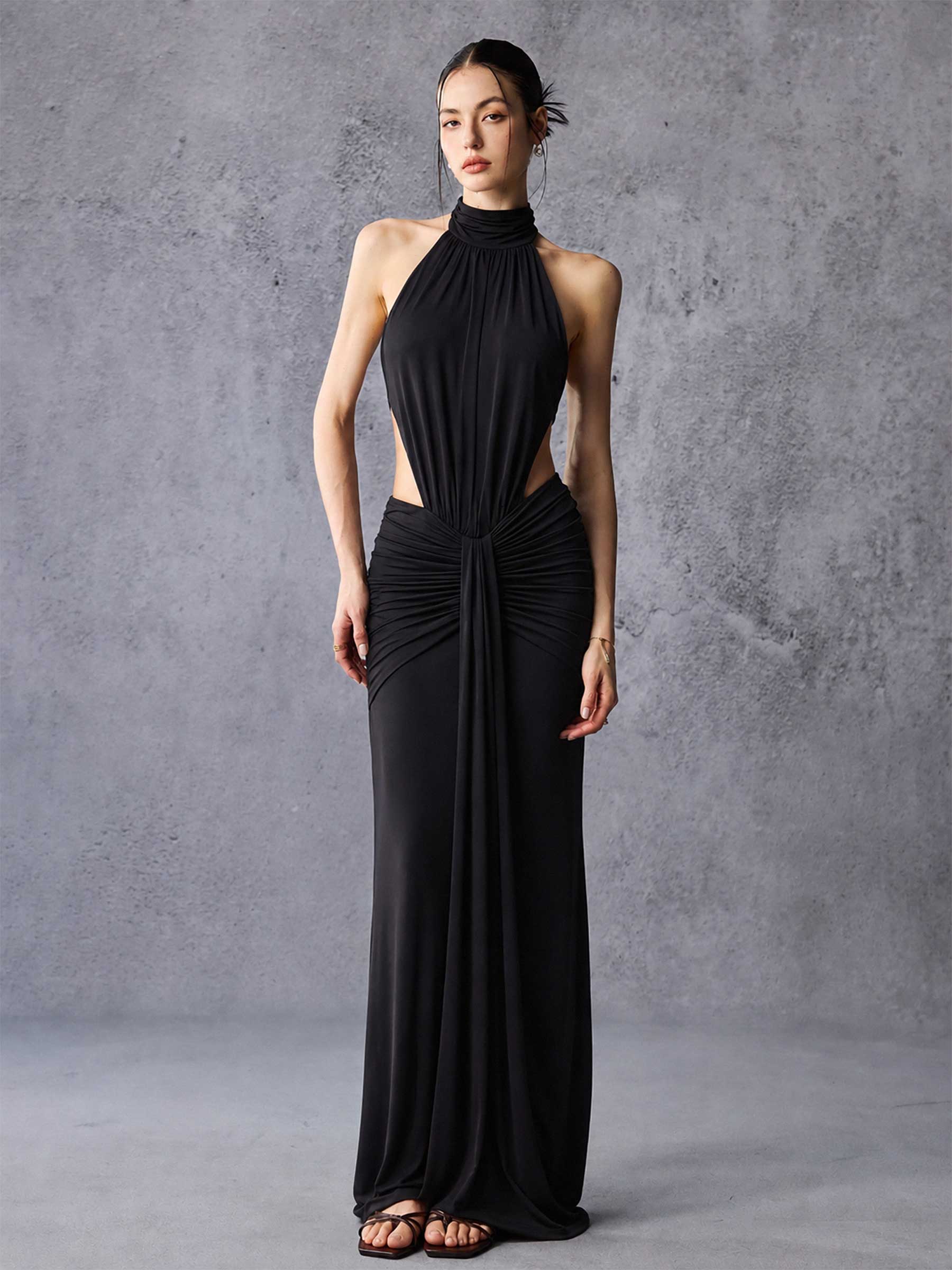 High Neck Side Cutout Draped Stretch Maxi Dress