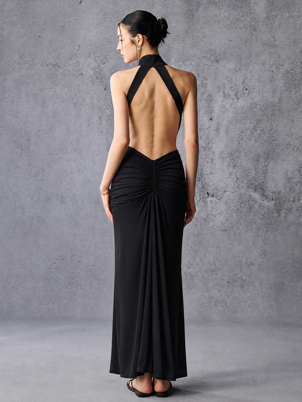 High Neck Side Cutout Draped Stretch Maxi Dress