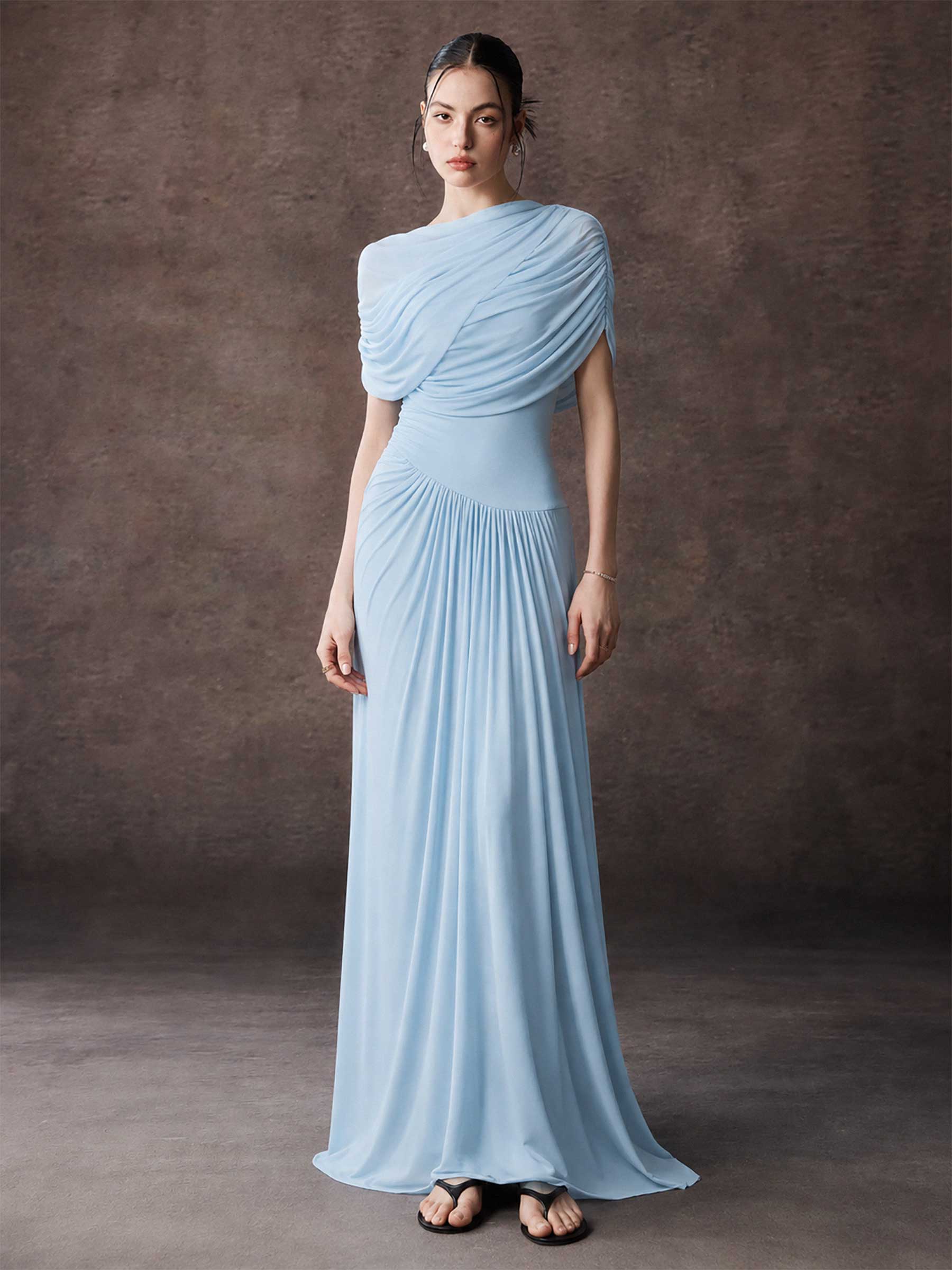 Asymmetric Cape Sleeve Pleated Maxi Dress