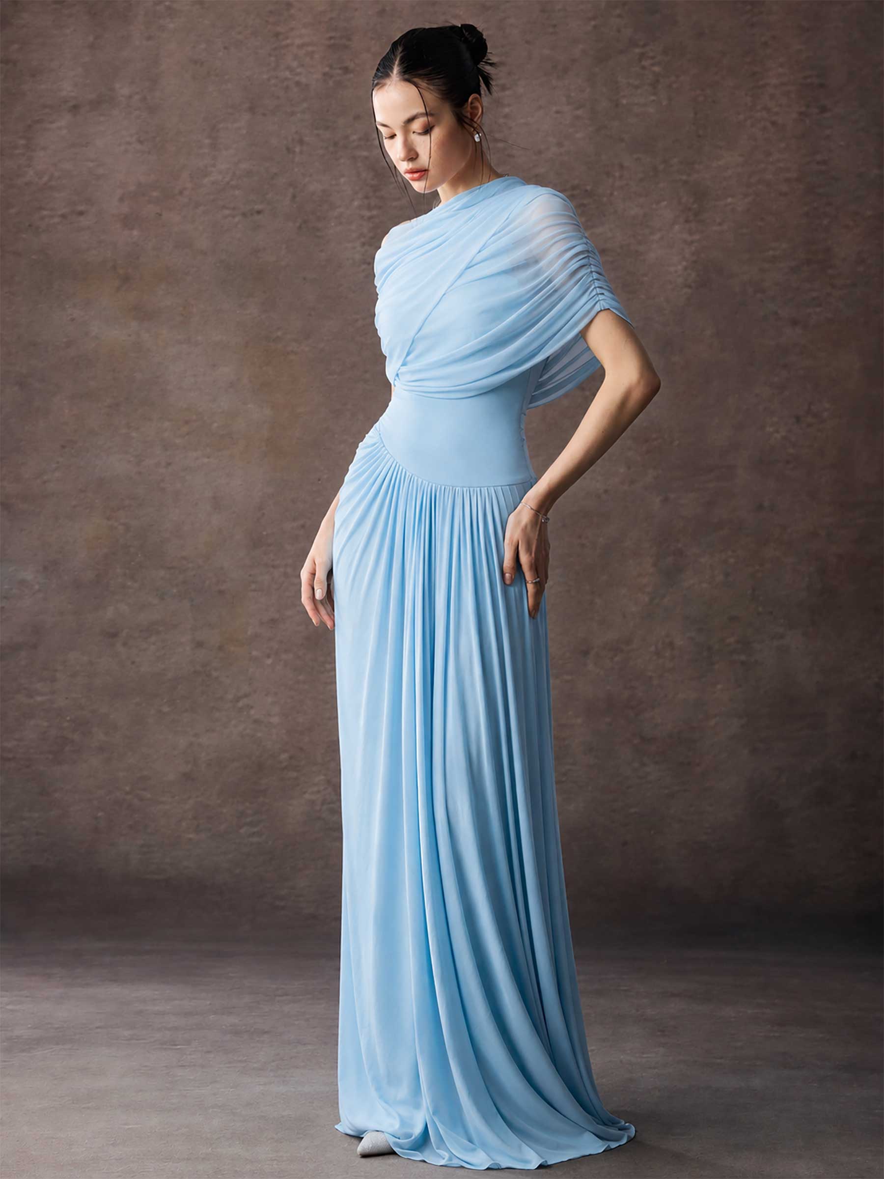 Asymmetric Cape Sleeve Pleated Maxi Dress