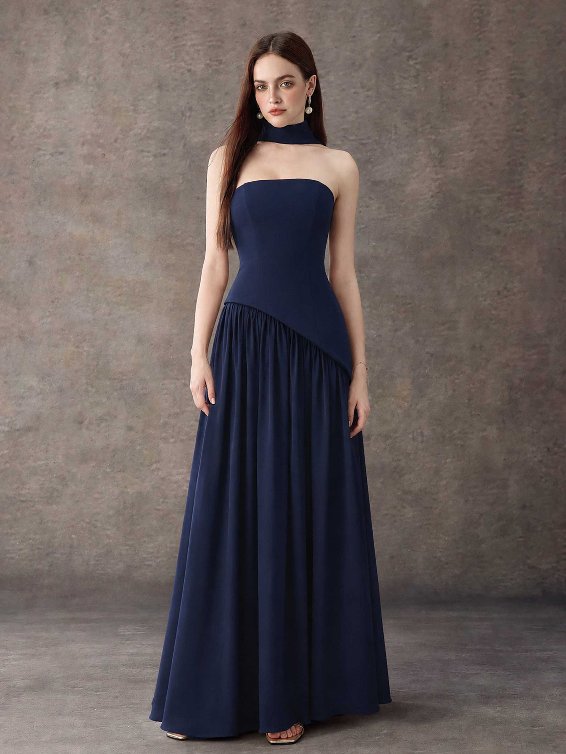 Strapless Asymmetrical Pleated Maxi Dress