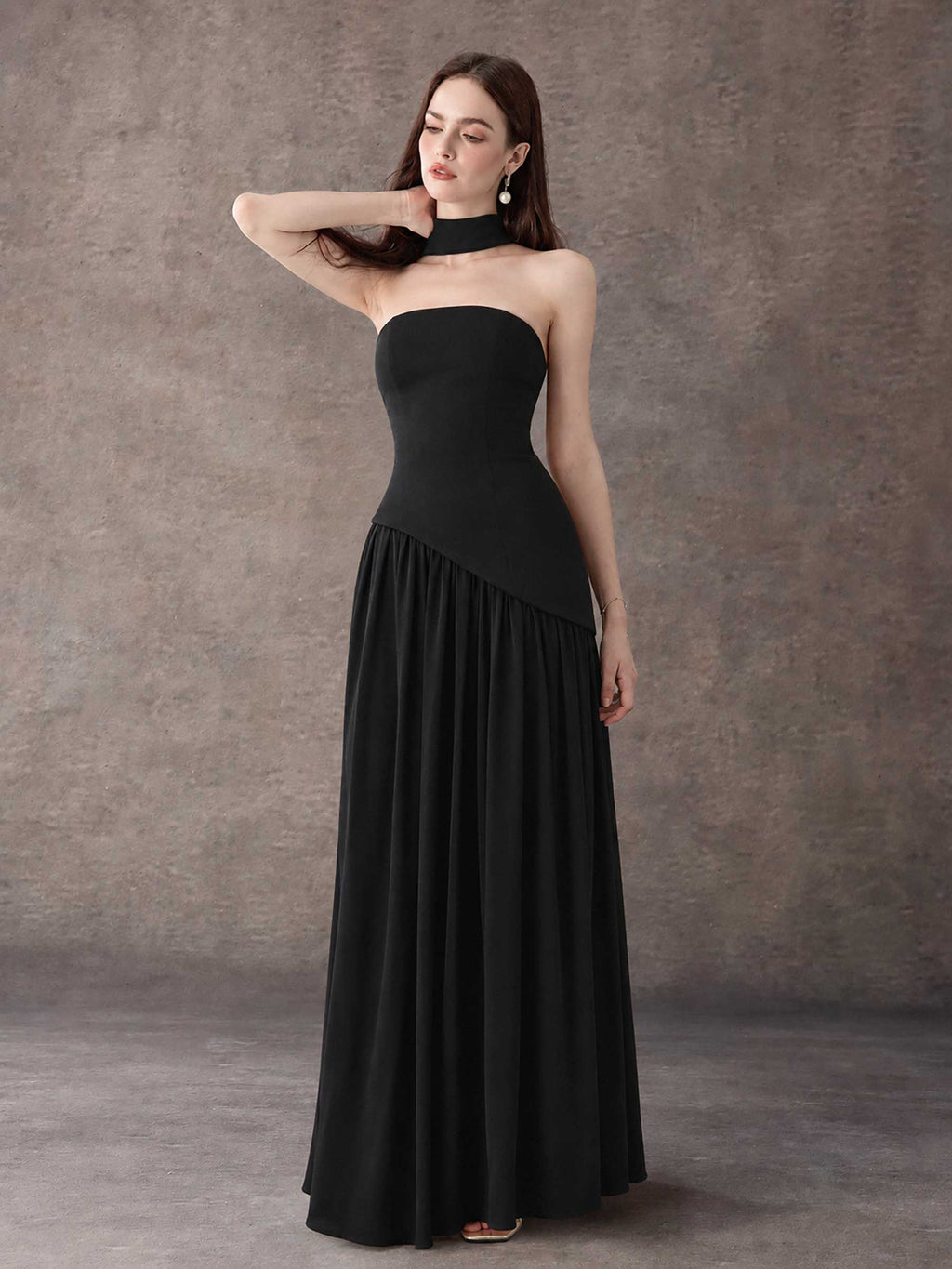 Strapless Asymmetrical Pleated Maxi Dress