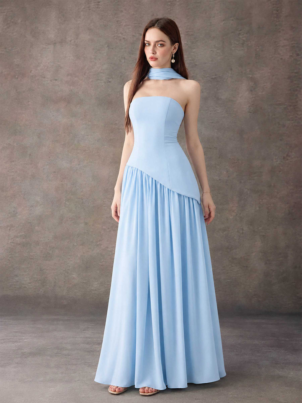 Strapless Asymmetrical Pleated Maxi Dress