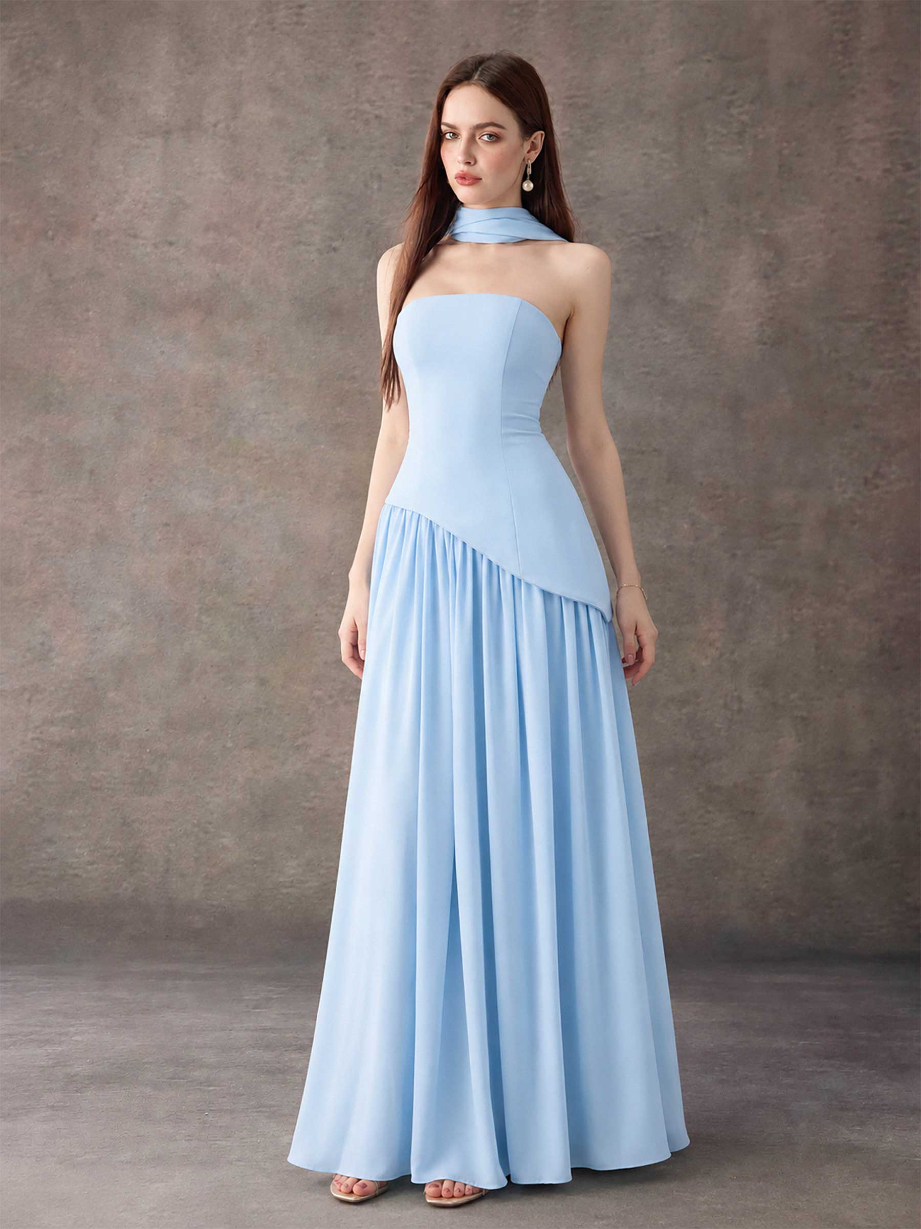Strapless Asymmetrical Pleated Maxi Dress