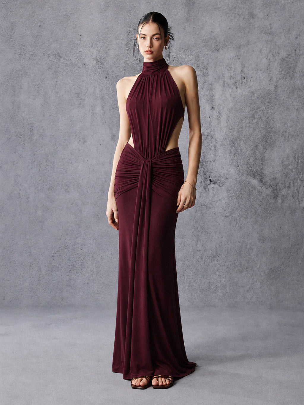 High Neck Side Cutout Draped Stretch Maxi Dress