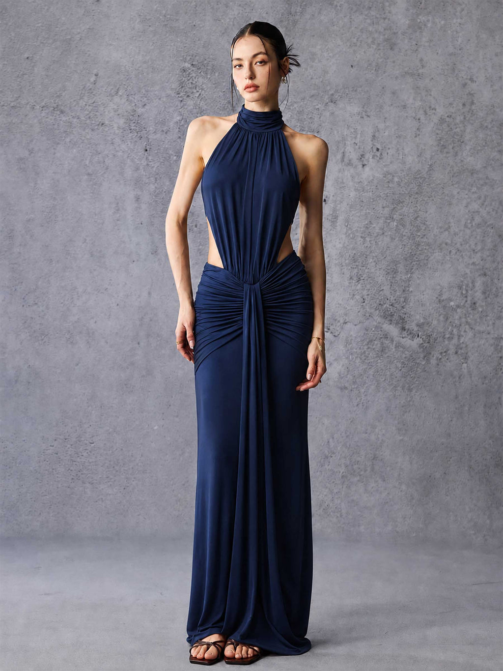 High Neck Side Cutout Draped Stretch Maxi Dress