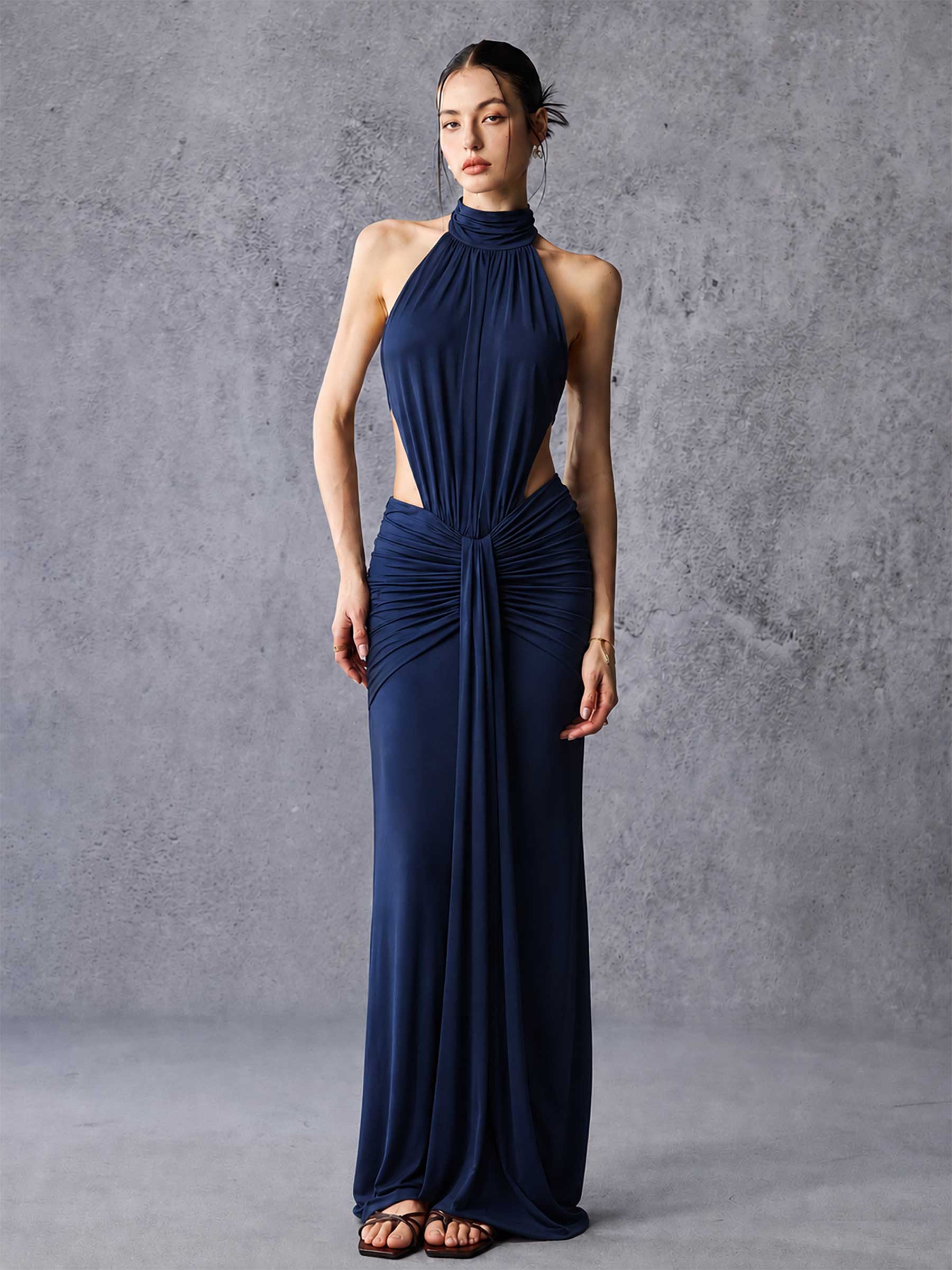 High Neck Side Cutout Draped Stretch Maxi Dress