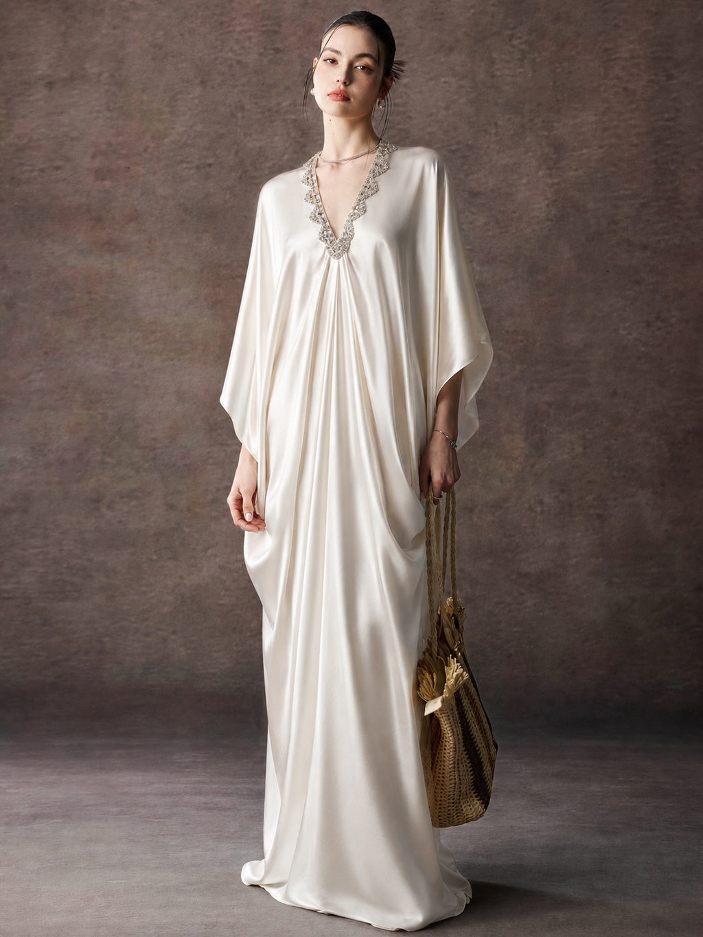Satin Kaftan Maxi Dress With V Neck Trim