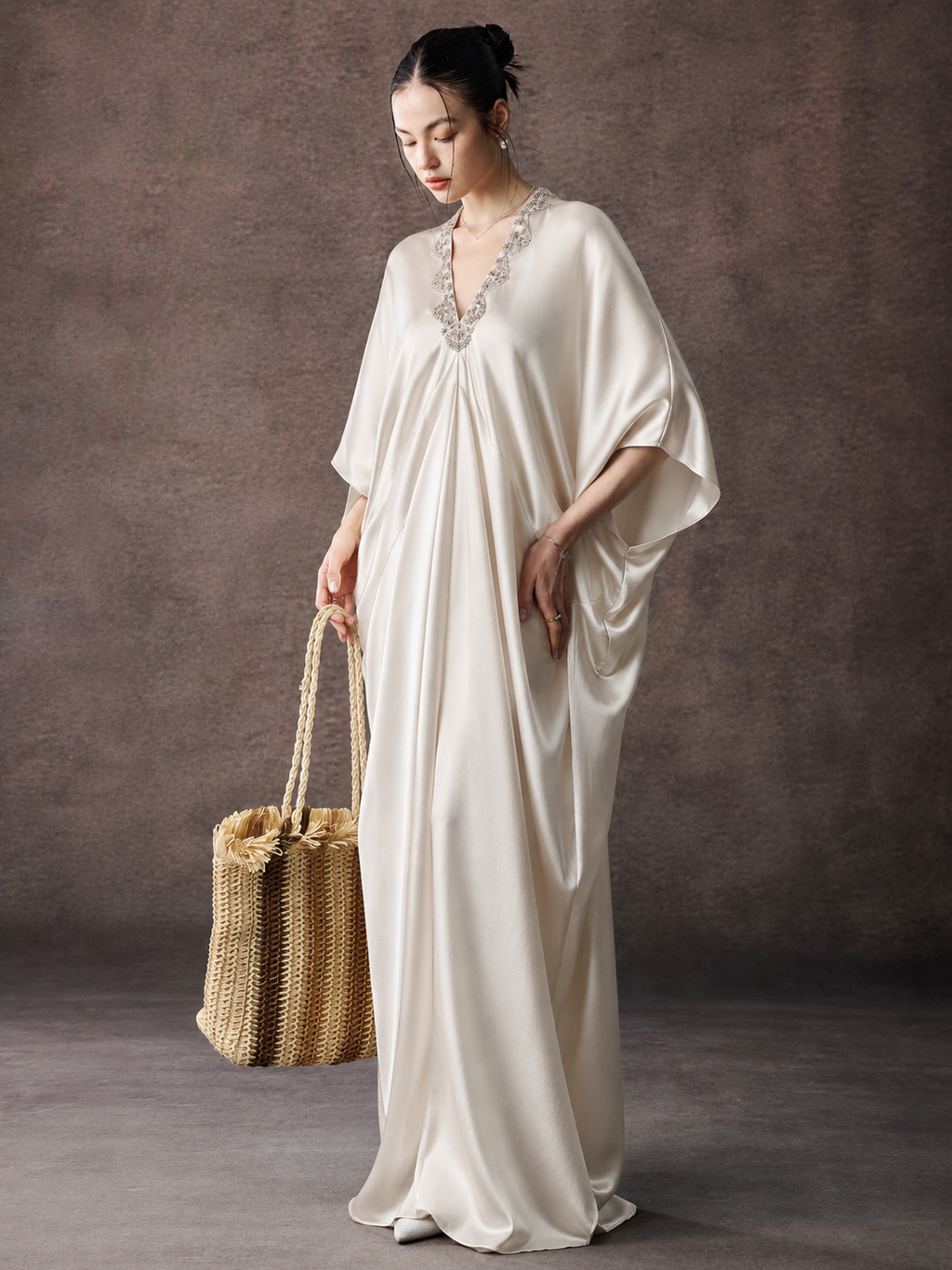 Satin Kaftan Maxi Dress With V Neck Trim
