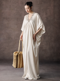 Satin Kaftan Maxi Dress With V Neck Trim