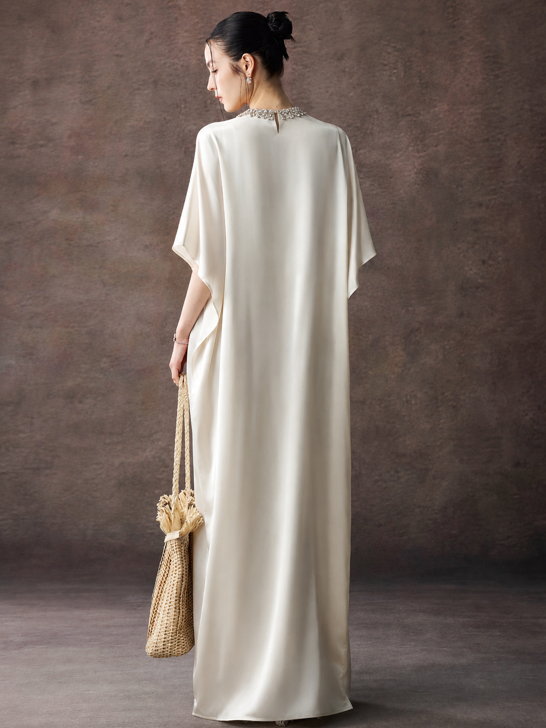 Satin Kaftan Maxi Dress With V Neck Trim
