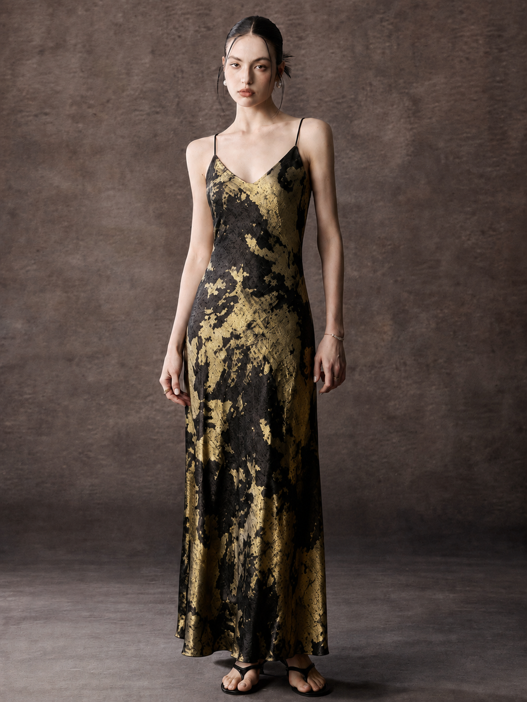 Satin Slip Maxi Dress With V Neck Spaghetti Strap