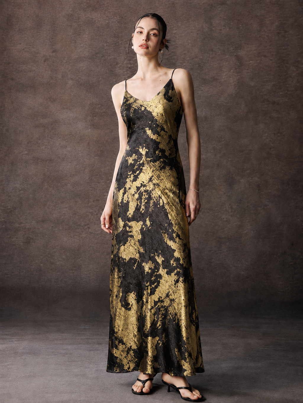 Satin Slip Maxi Dress With V Neck Spaghetti Strap
