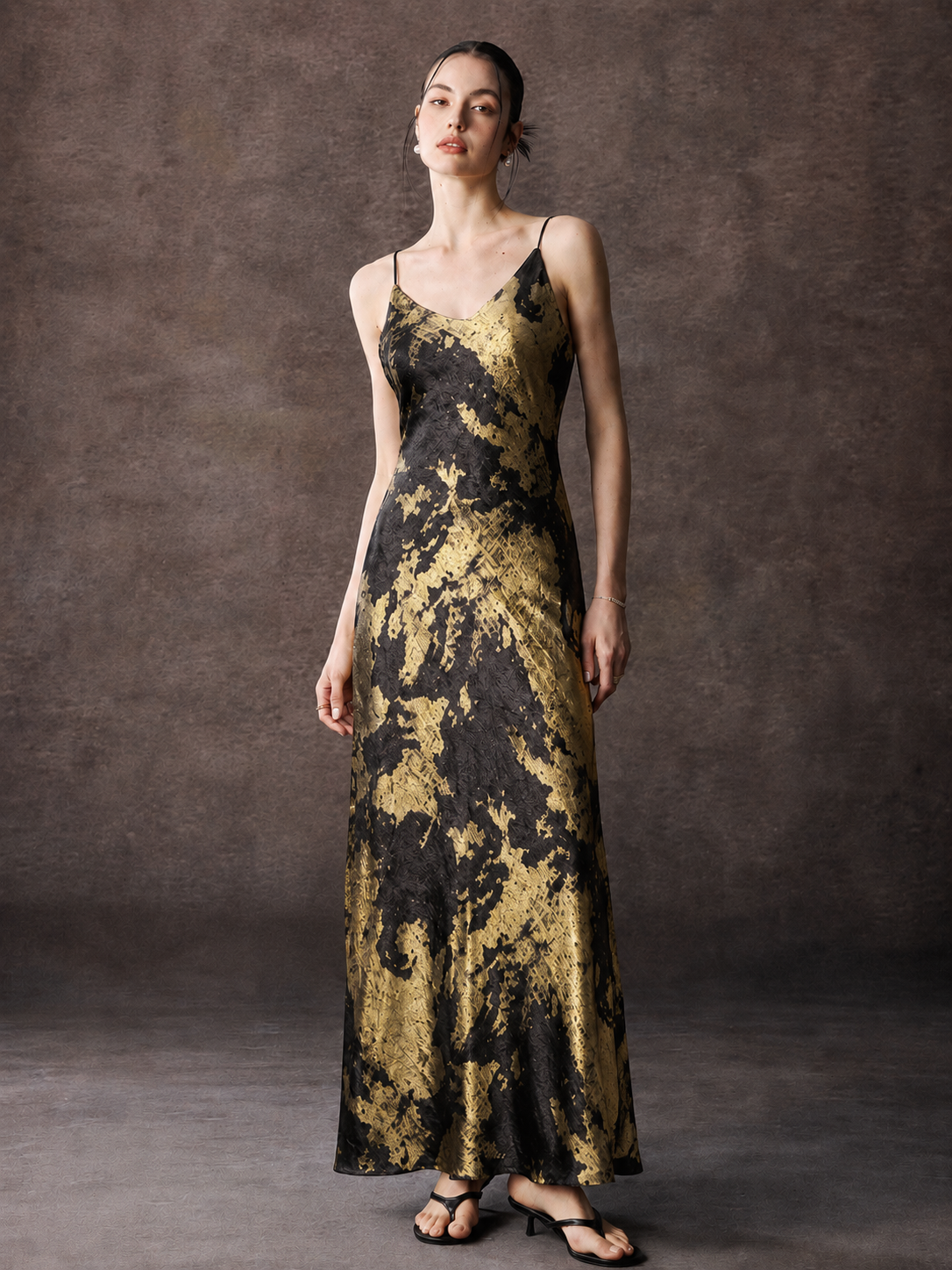 Satin Slip Maxi Dress With V Neck Spaghetti Strap