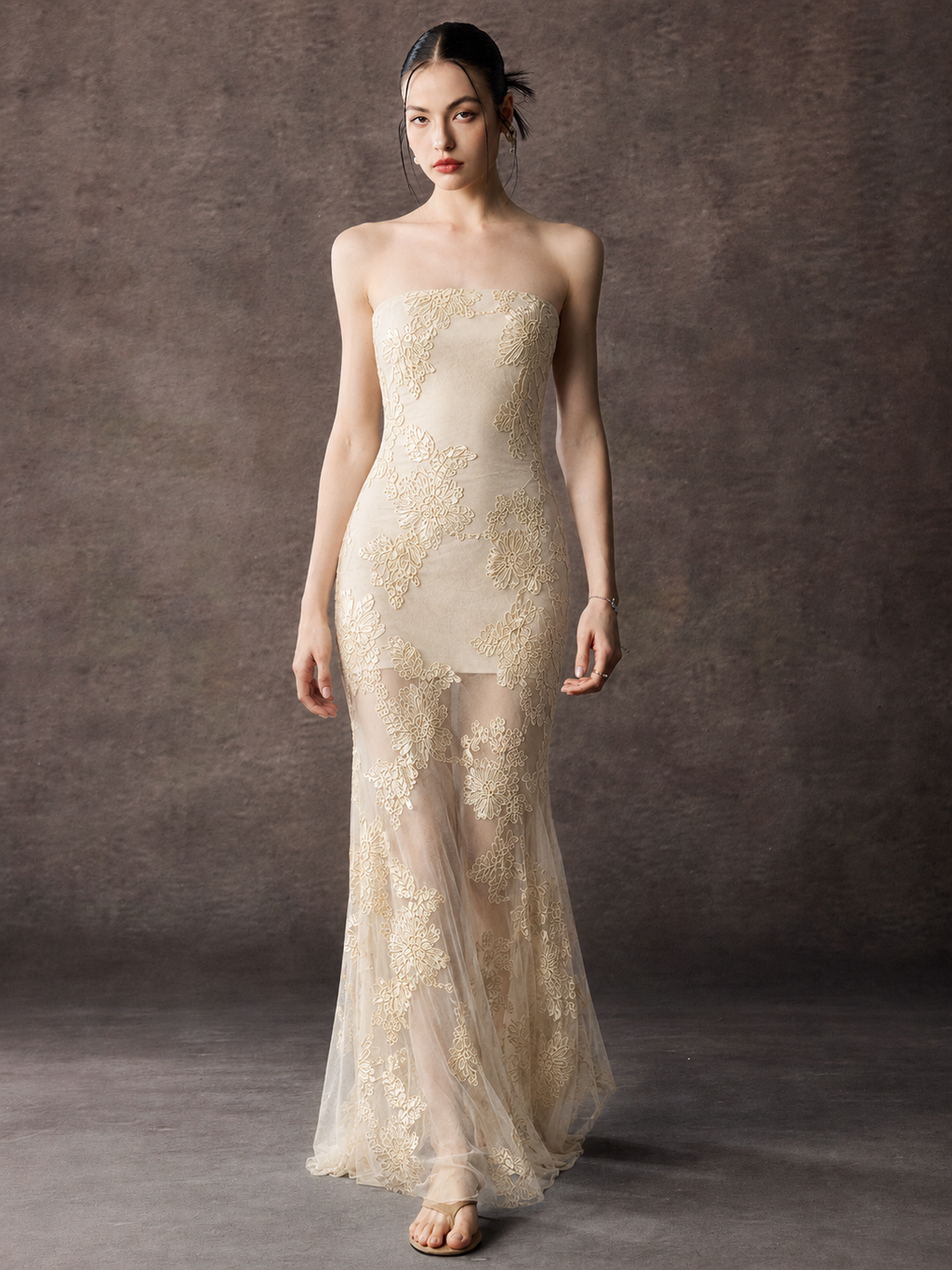 Strapless Floral Lace Mermaid Maxi Dress