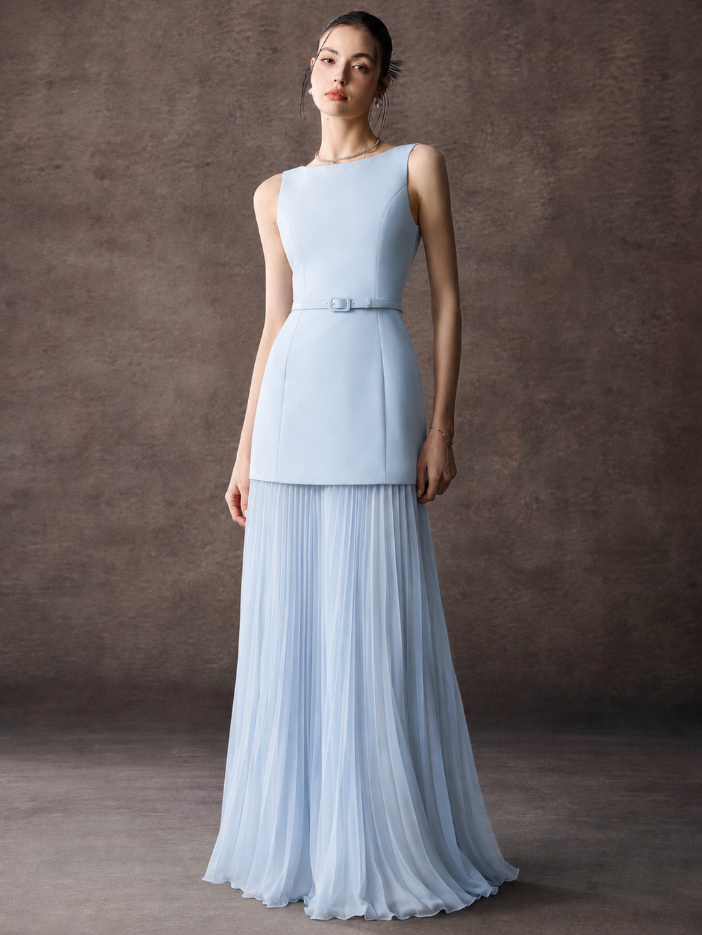 Pleated Chiffon Sleeveless Maxi Dress With Belted