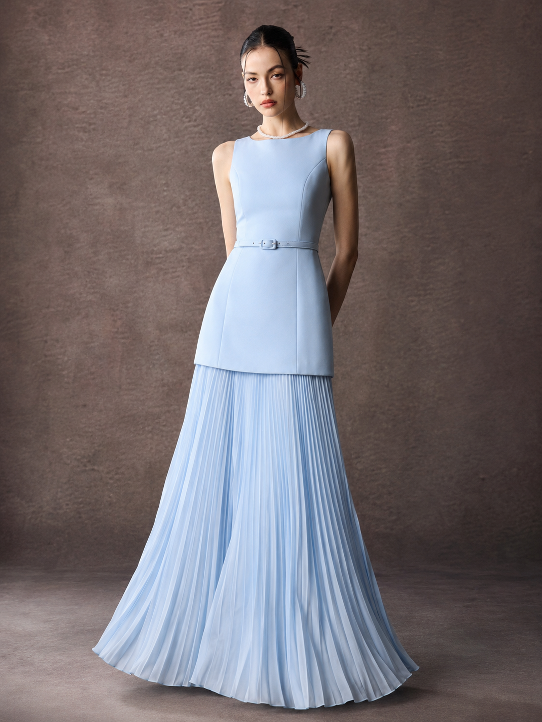Pleated Chiffon Sleeveless Maxi Dress With Belted