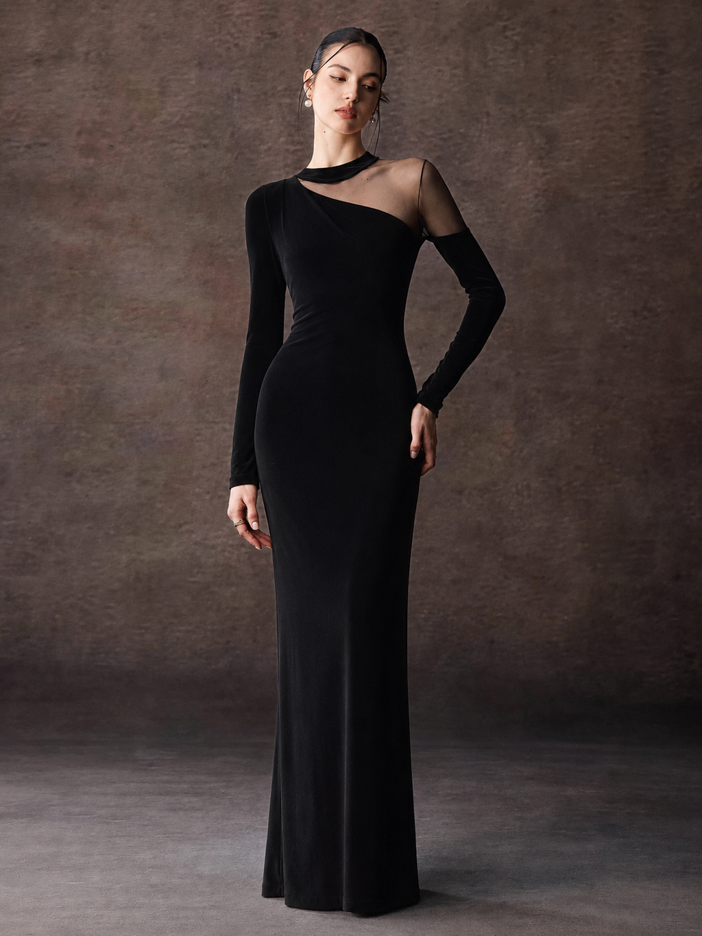 Velvet Maxi Dress With Asymmetrical Sheer Mesh Panel