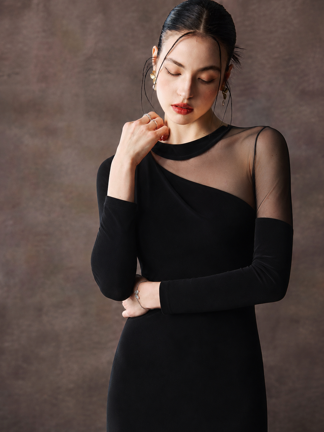 Velvet Maxi Dress With Asymmetrical Sheer Mesh Panel