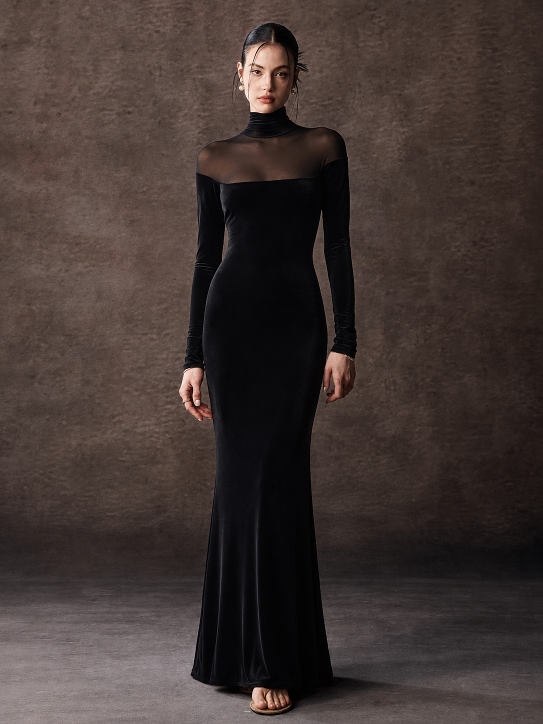 Velvet Mermaid Maxi Dress With Sheer Mesh Panel