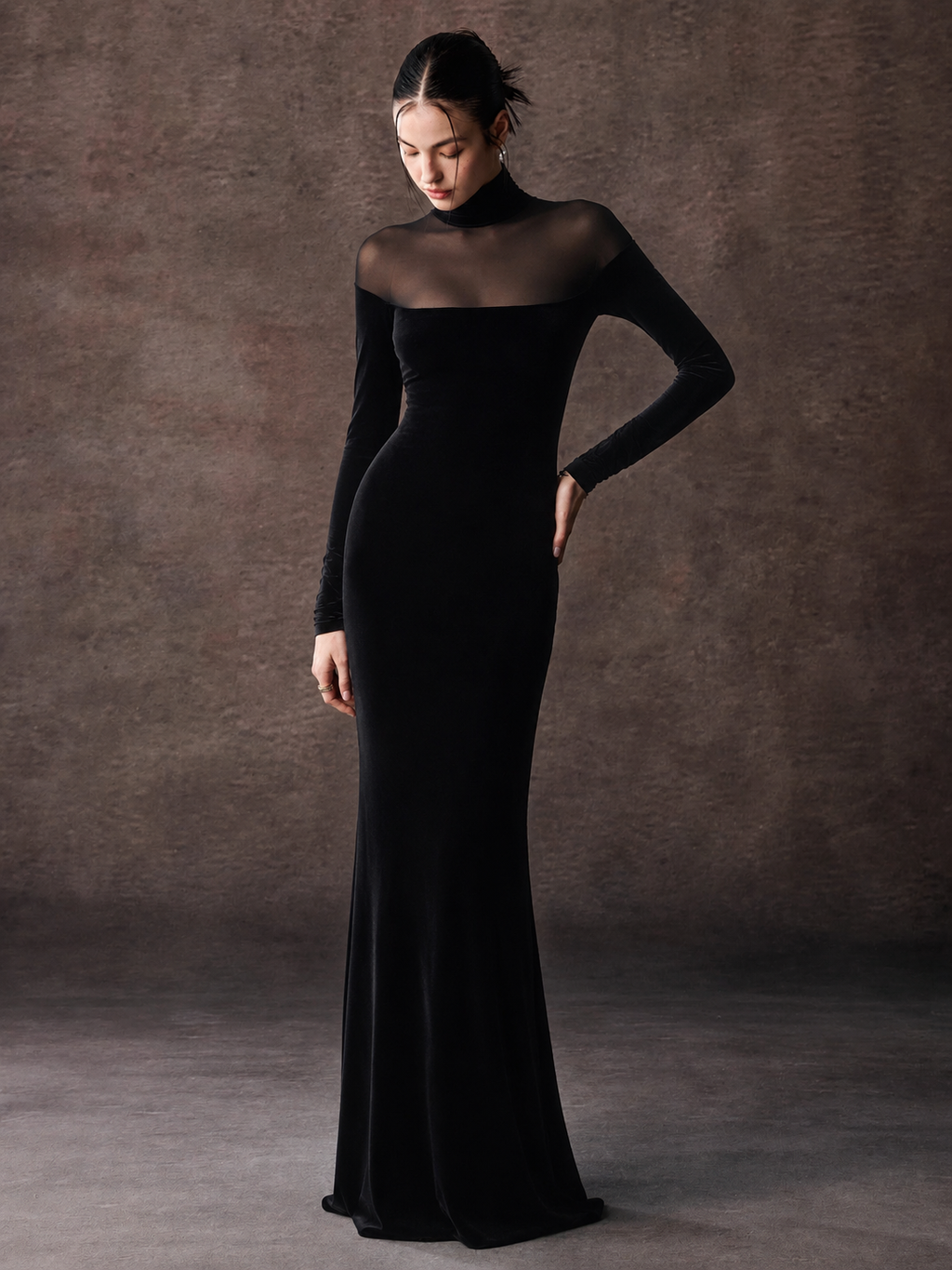 Velvet Mermaid Maxi Dress With Sheer Mesh Panel