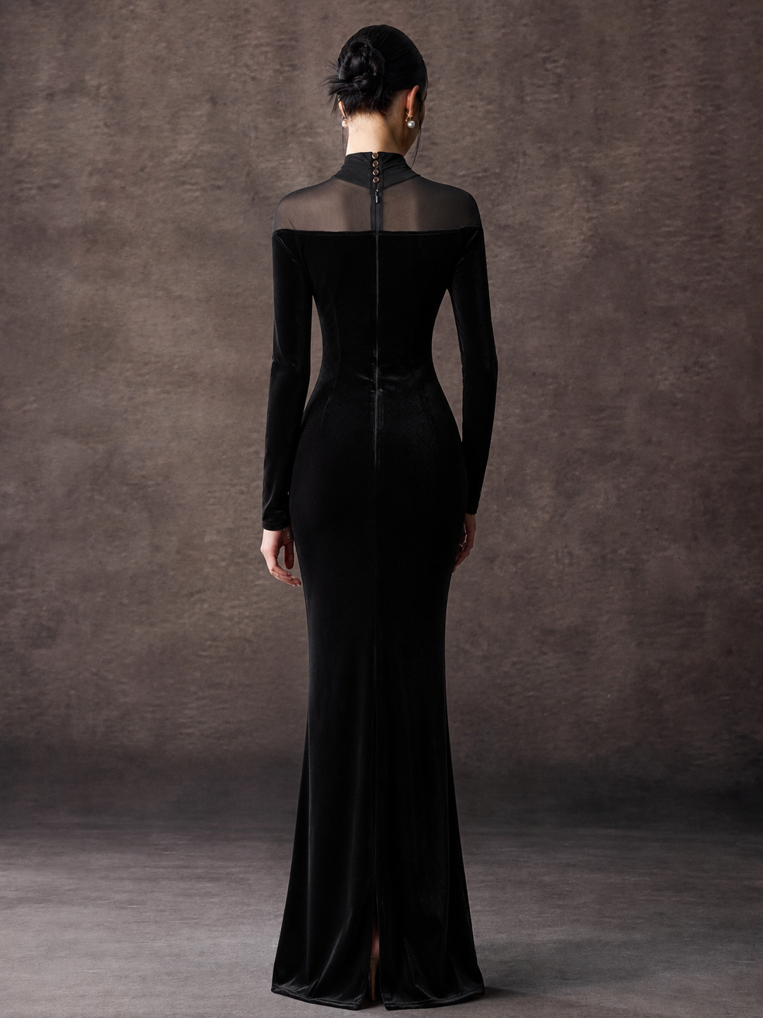Velvet Mermaid Maxi Dress With Sheer Mesh Panel
