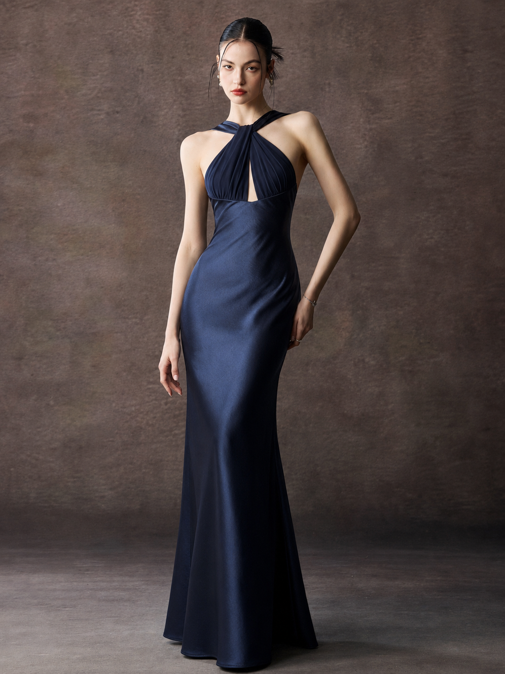 Twist Halter Satin Mermaid Maxi Dress