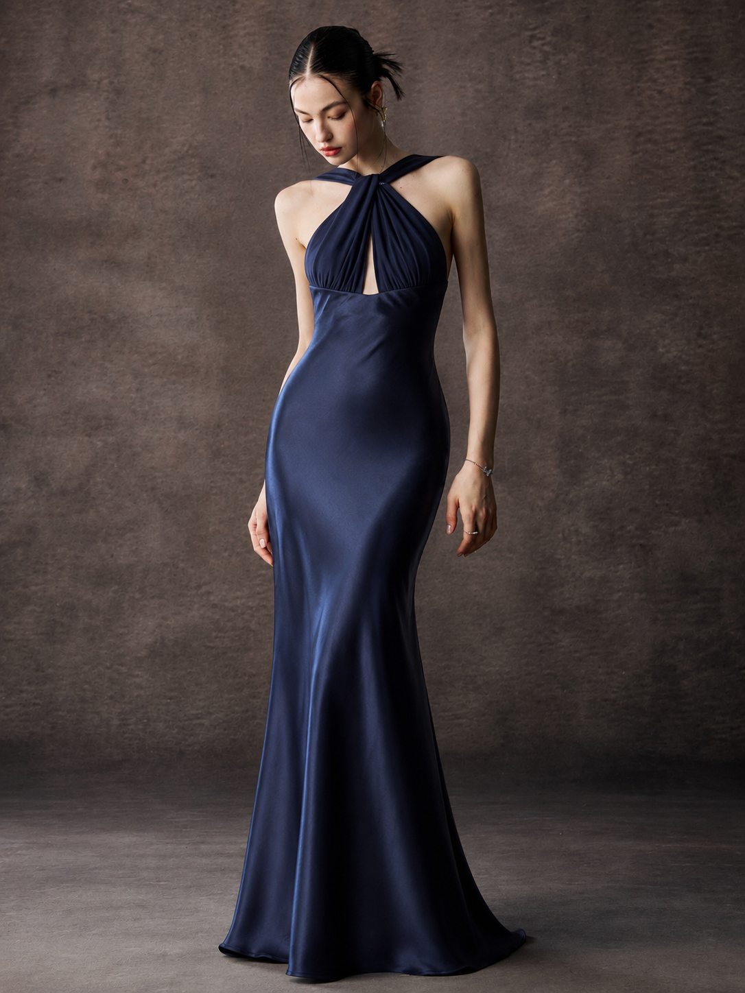Twist Halter Satin Mermaid Maxi Dress