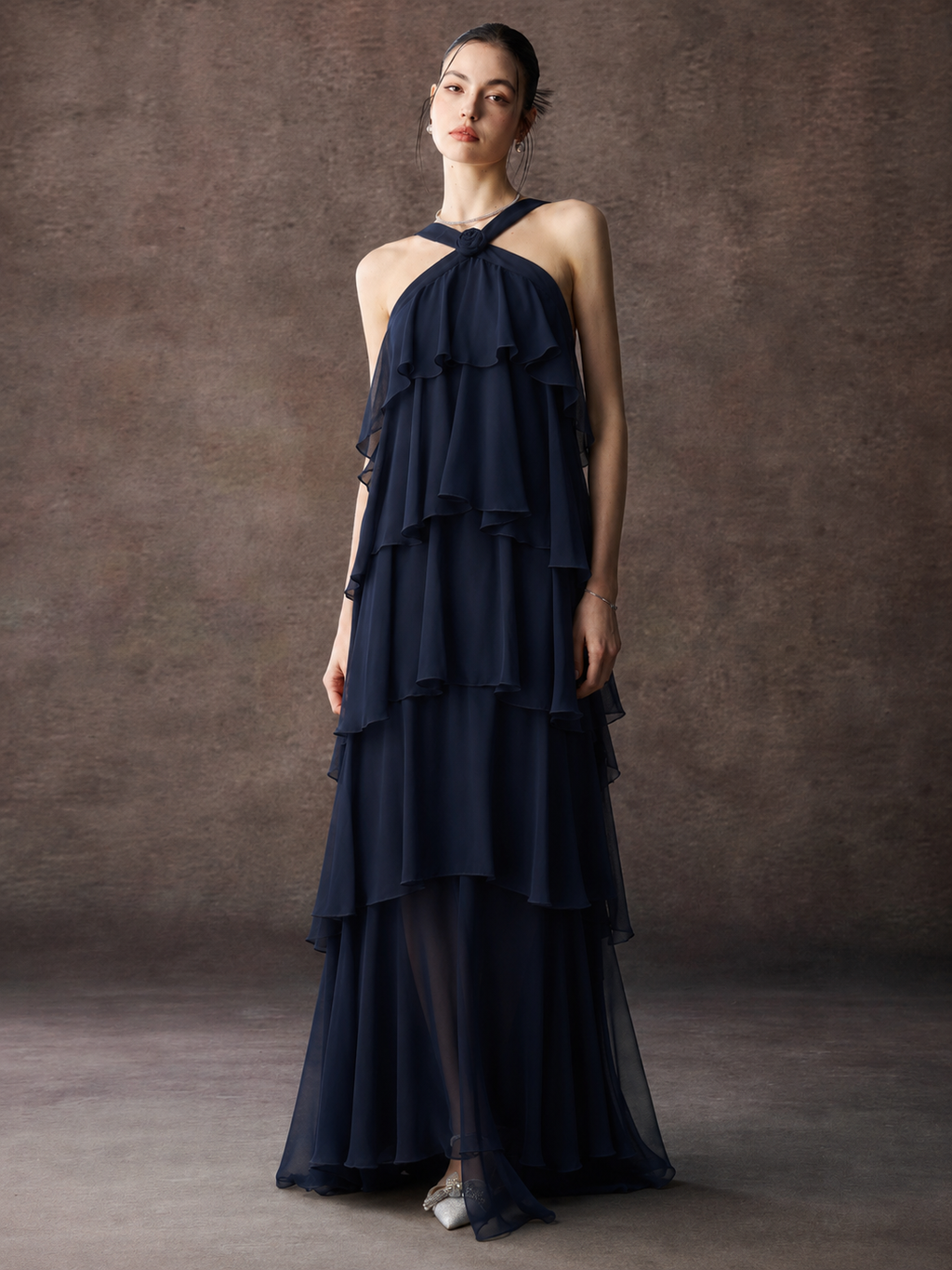 Halter Ruffle Chiffon Maxi Dress