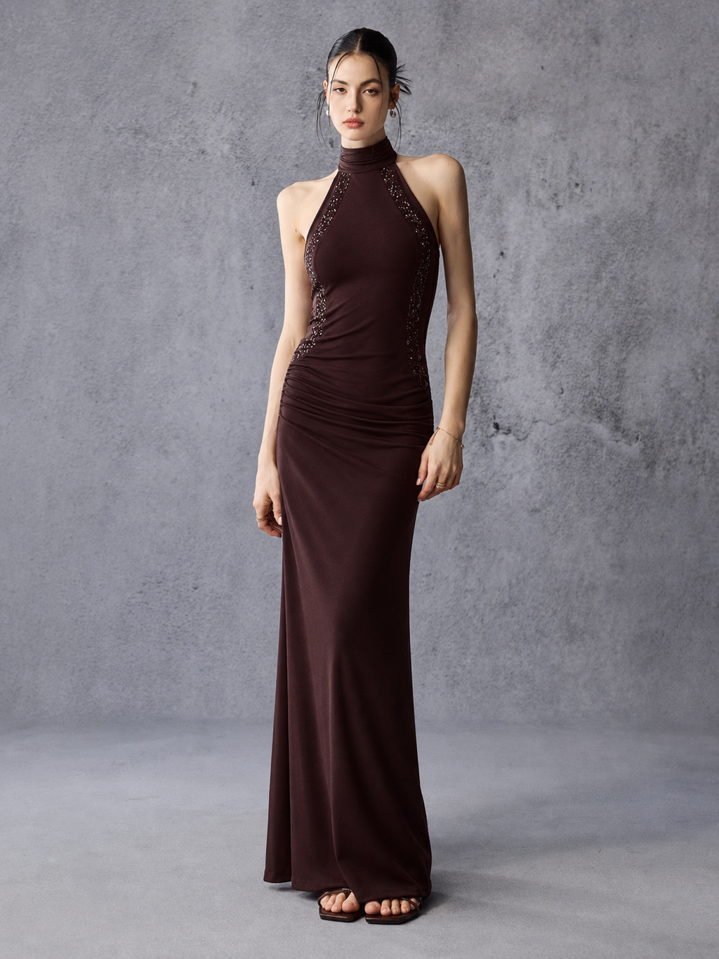 Beaded Trim High Neck Sleeveless Maxi Dress