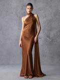 Asymmetric Neck Long Ribbon Satin Maxi Dress