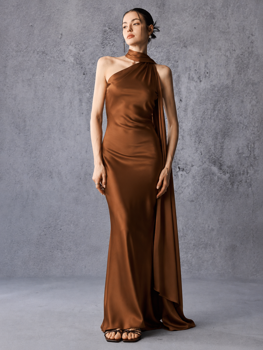 Asymmetric Neck Long Ribbon Satin Maxi Dress