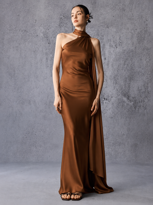 Asymmetric Neck Long Ribbon Satin Maxi Dress