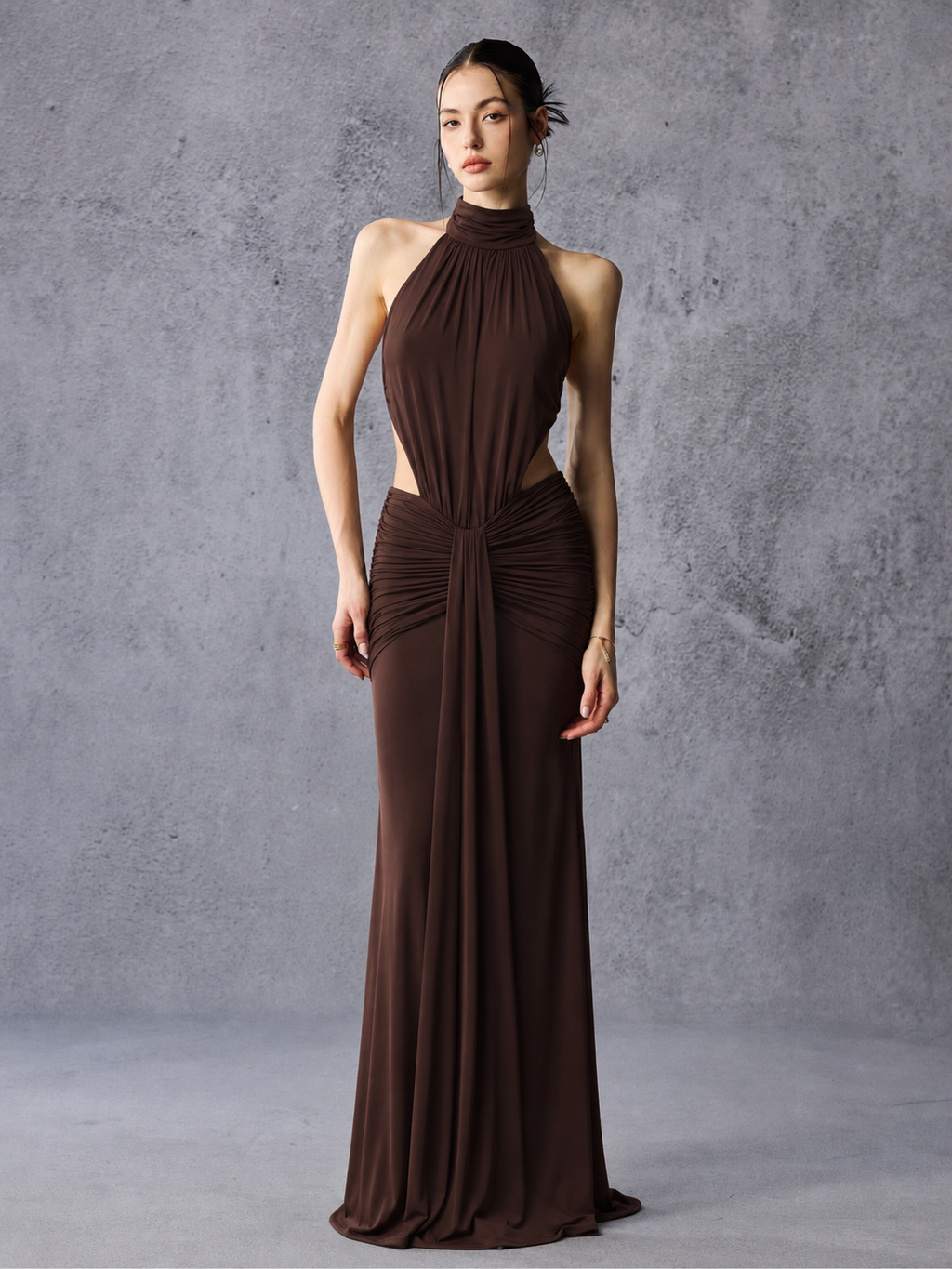 High Neck Side Cutout Draped Stretch Maxi Dress
