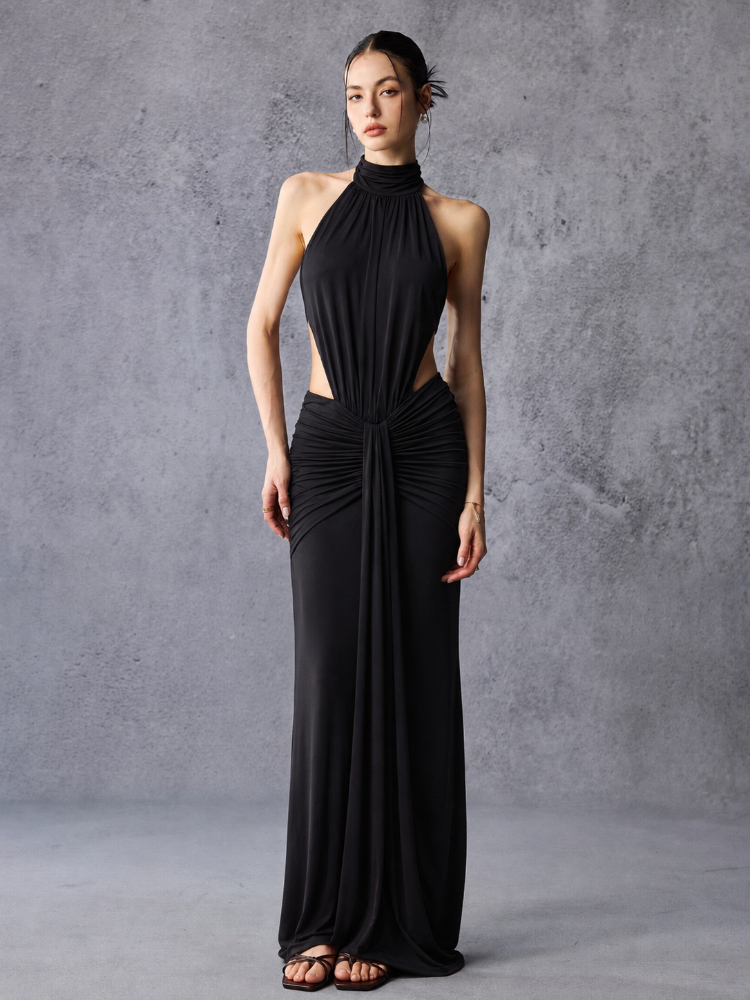 High Neck Side Cutout Draped Stretch Maxi Dress