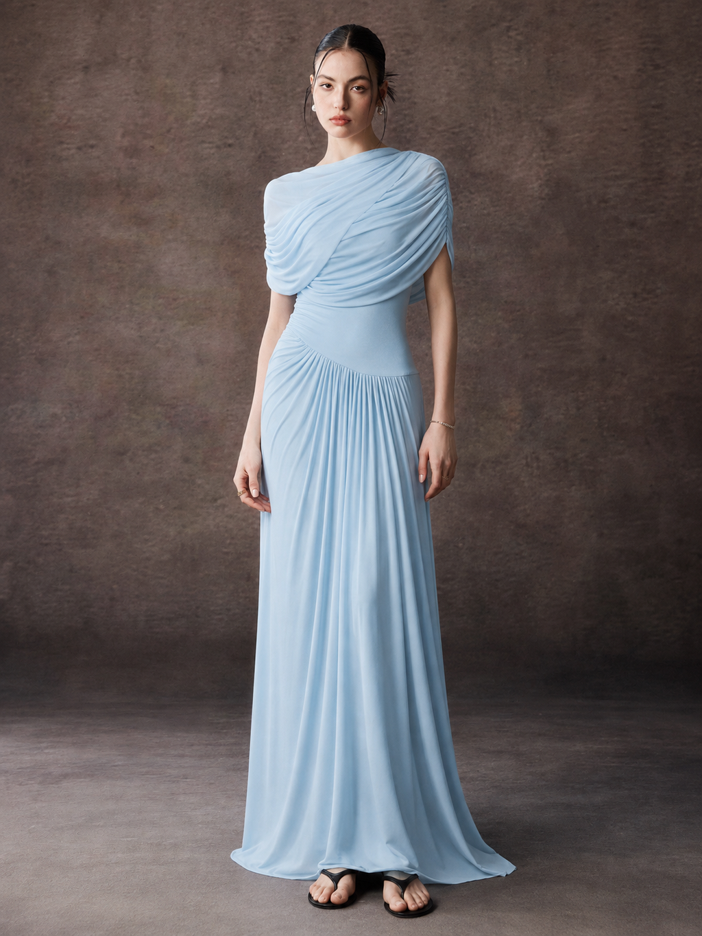 Asymmetric Cape Sleeve Pleated Maxi Dress