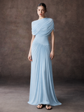 Asymmetric Cape Sleeve Pleated Maxi Dress
