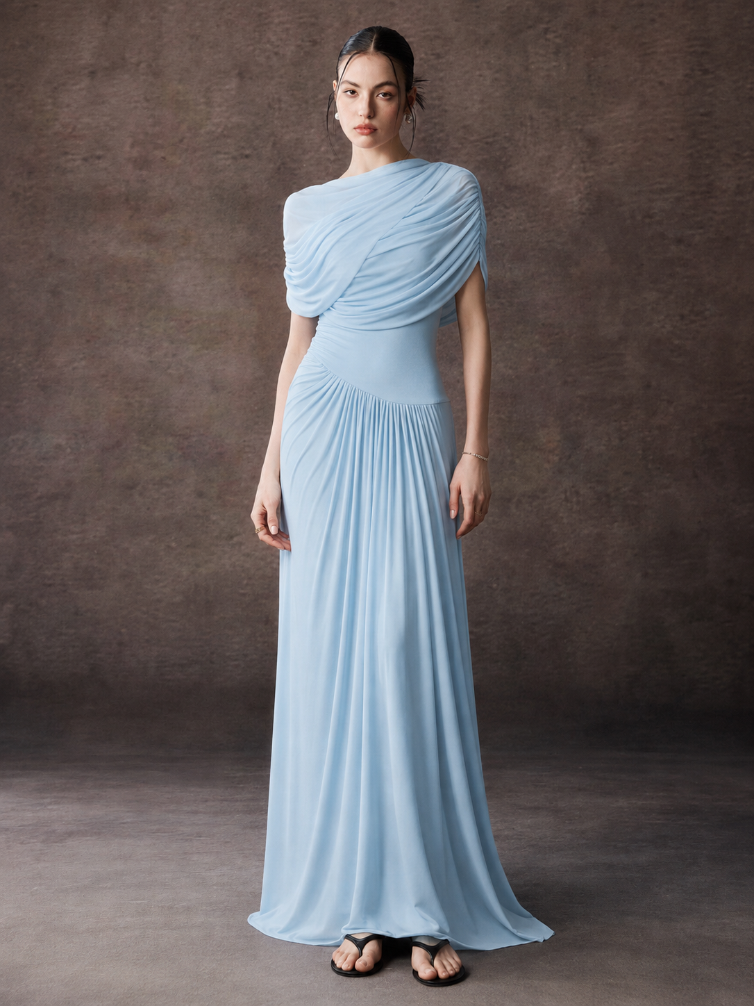 Asymmetric Cape Sleeve Pleated Maxi Dress