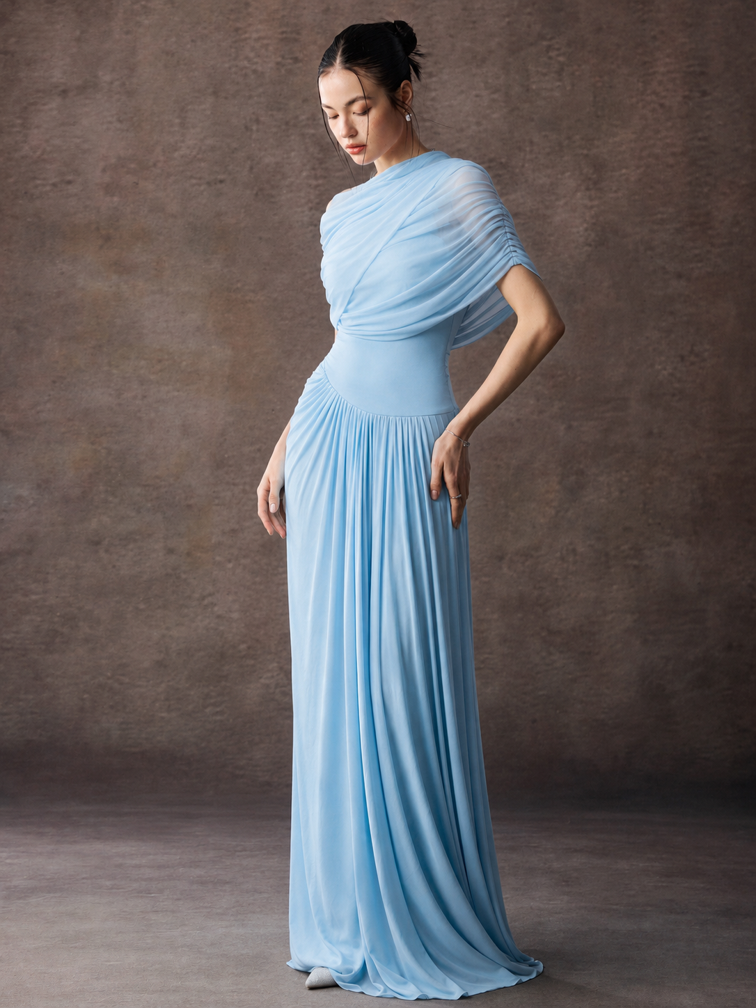 Asymmetric Cape Sleeve Pleated Maxi Dress