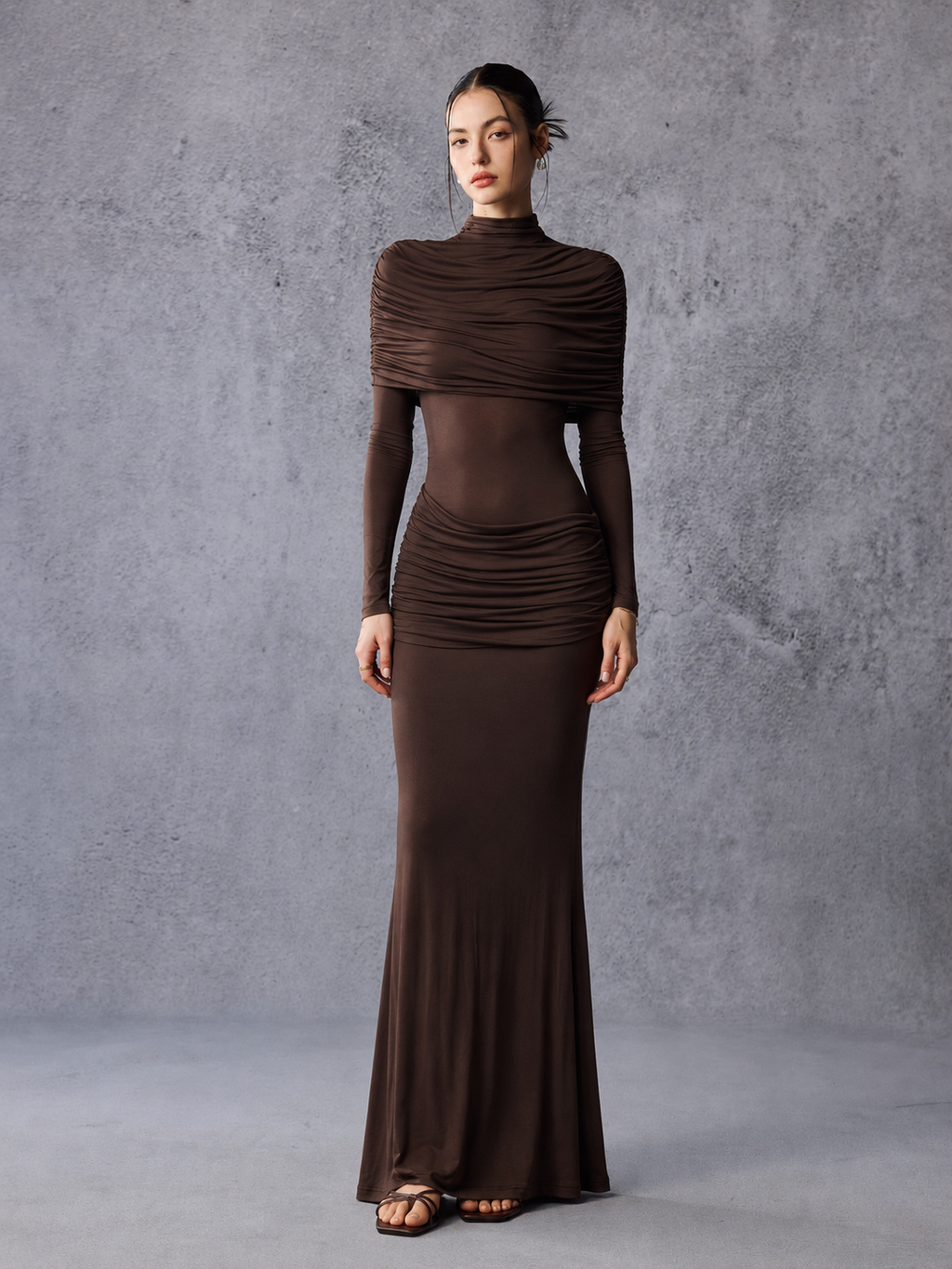 Long Sleeve Asymmetrical Pleated Maxi Dress