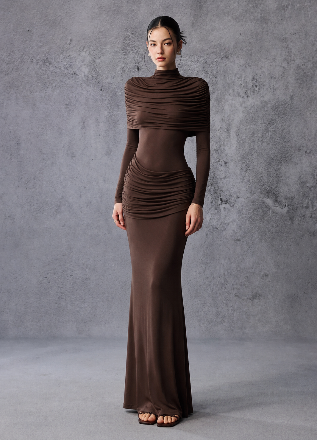 Long Sleeve Asymmetrical Pleated Maxi Dress