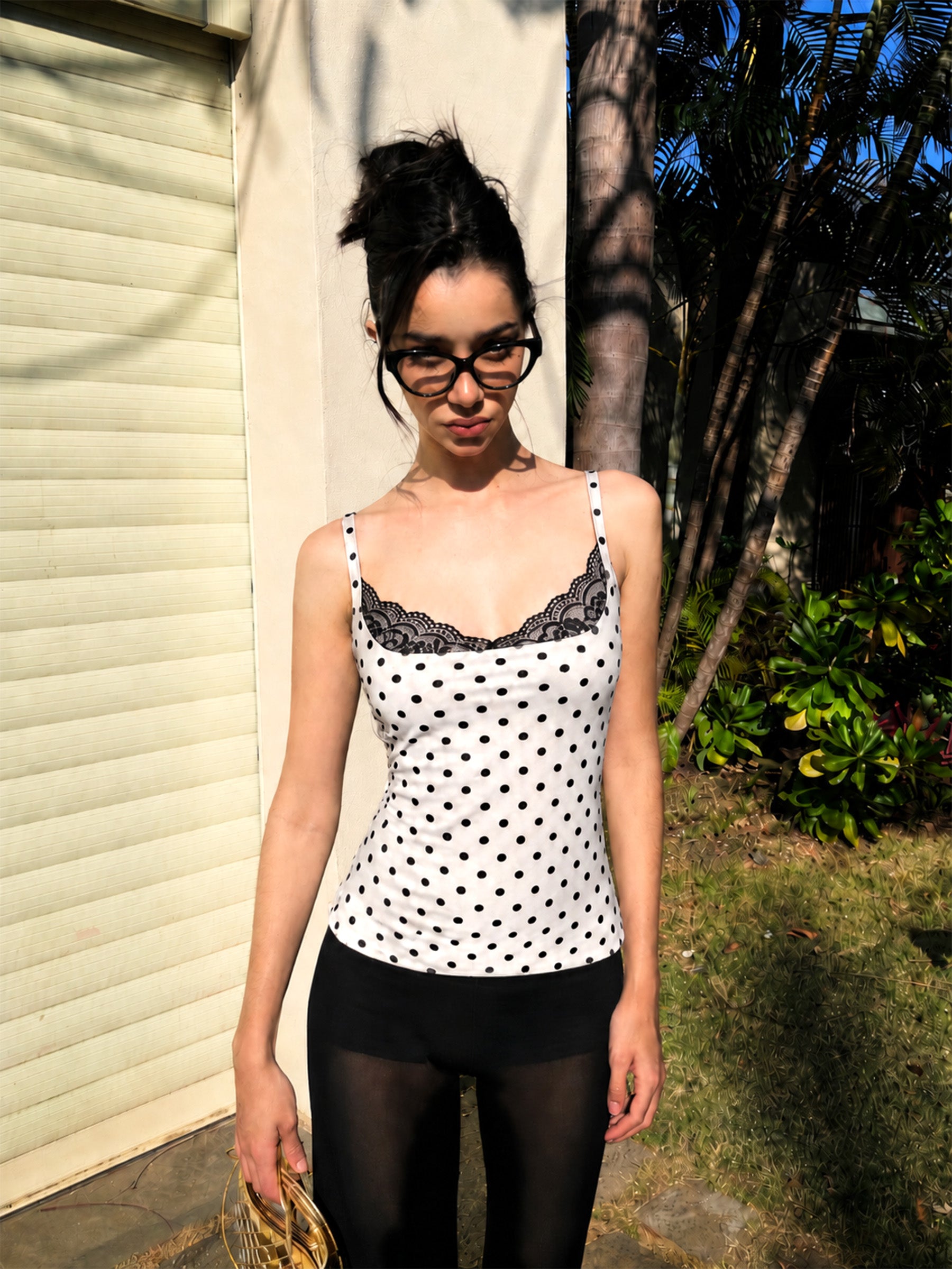 White Polka Dot Cami Top with Lace Trim