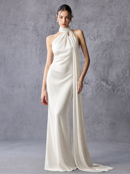 Asymmetric Neck Long Ribbon Satin Maxi Dress