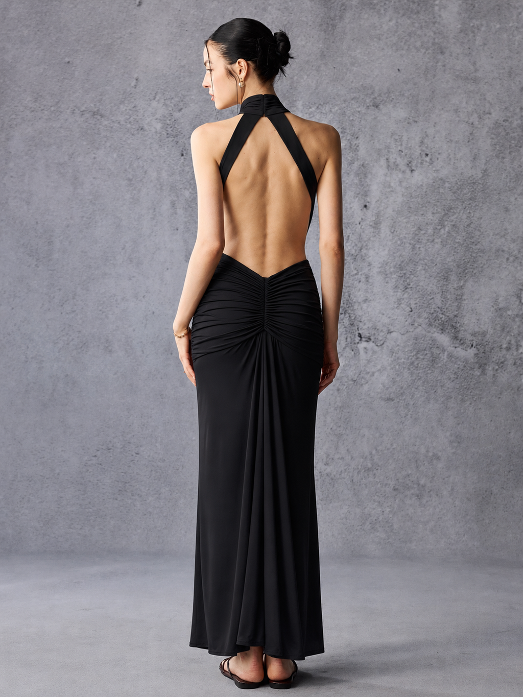 High Neck Side Cutout Draped Stretch Maxi Dress