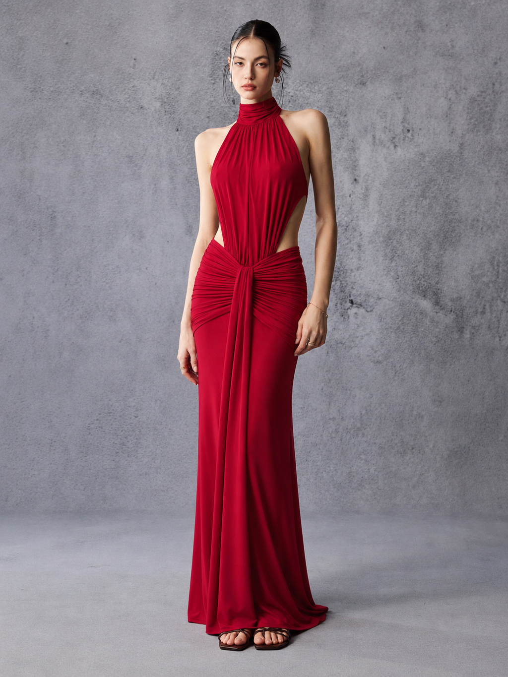 High Neck Side Cutout Draped Stretch Maxi Dress