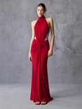 High Neck Side Cutout Draped Stretch Maxi Dress