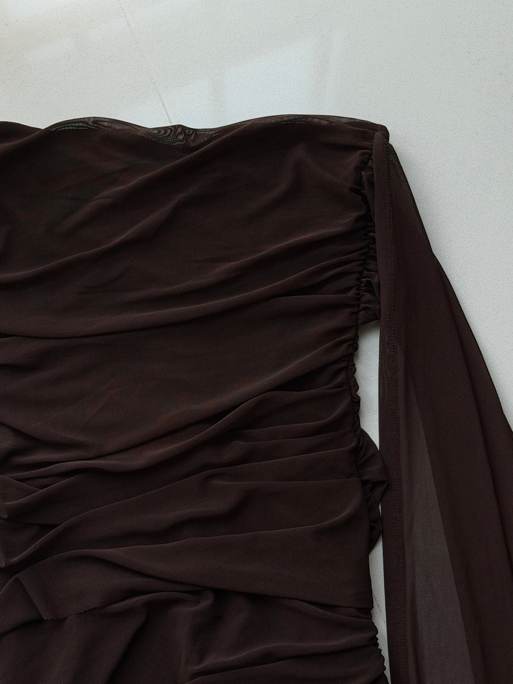One‑Shoulder Draped Cape Midi Dress｜Brown Mesh