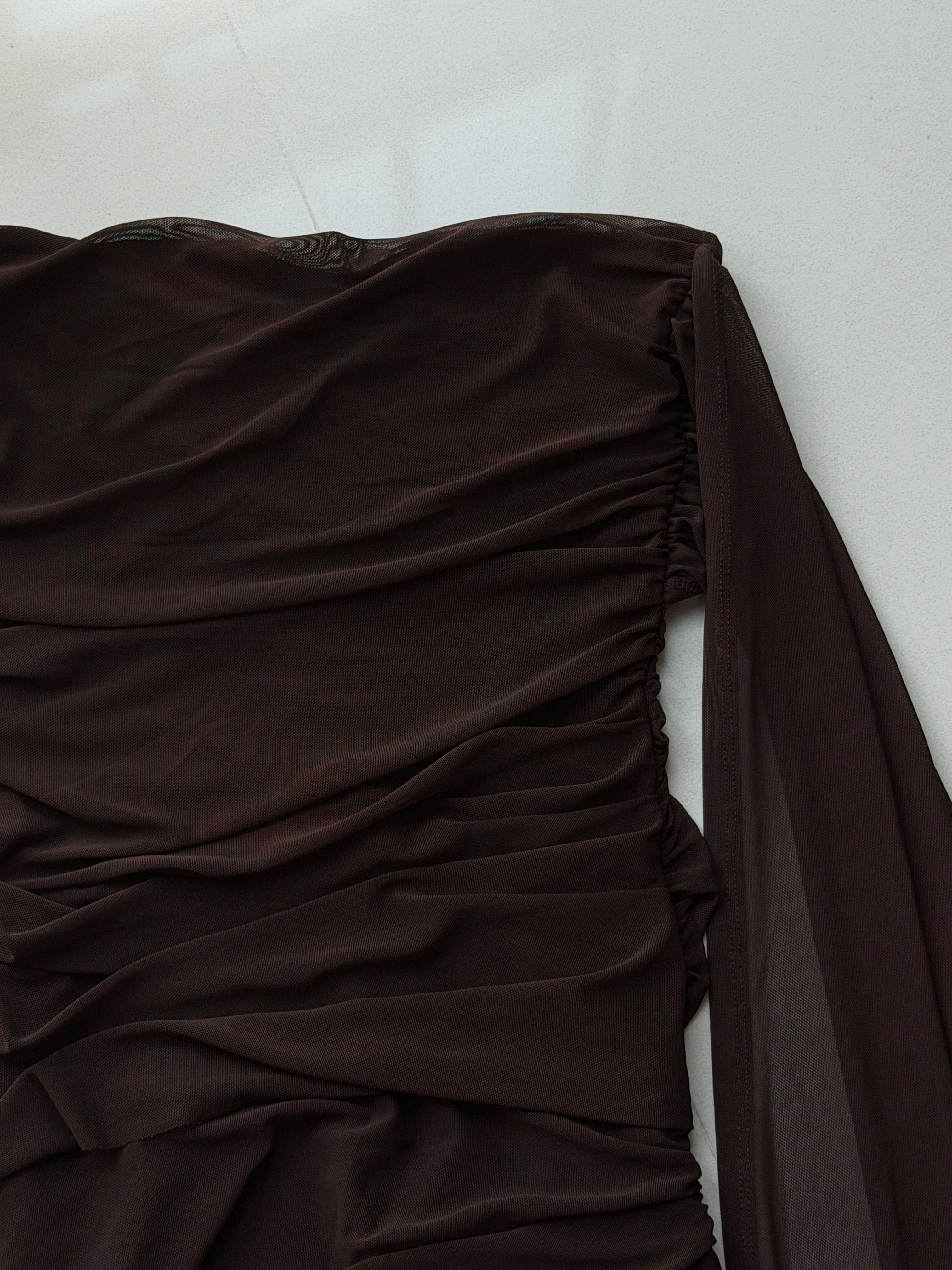 One‑Shoulder Draped Cape Midi Dress｜Brown Mesh