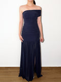 Off‑The‑Shoulder Maxi Dress｜Navy Glitter
